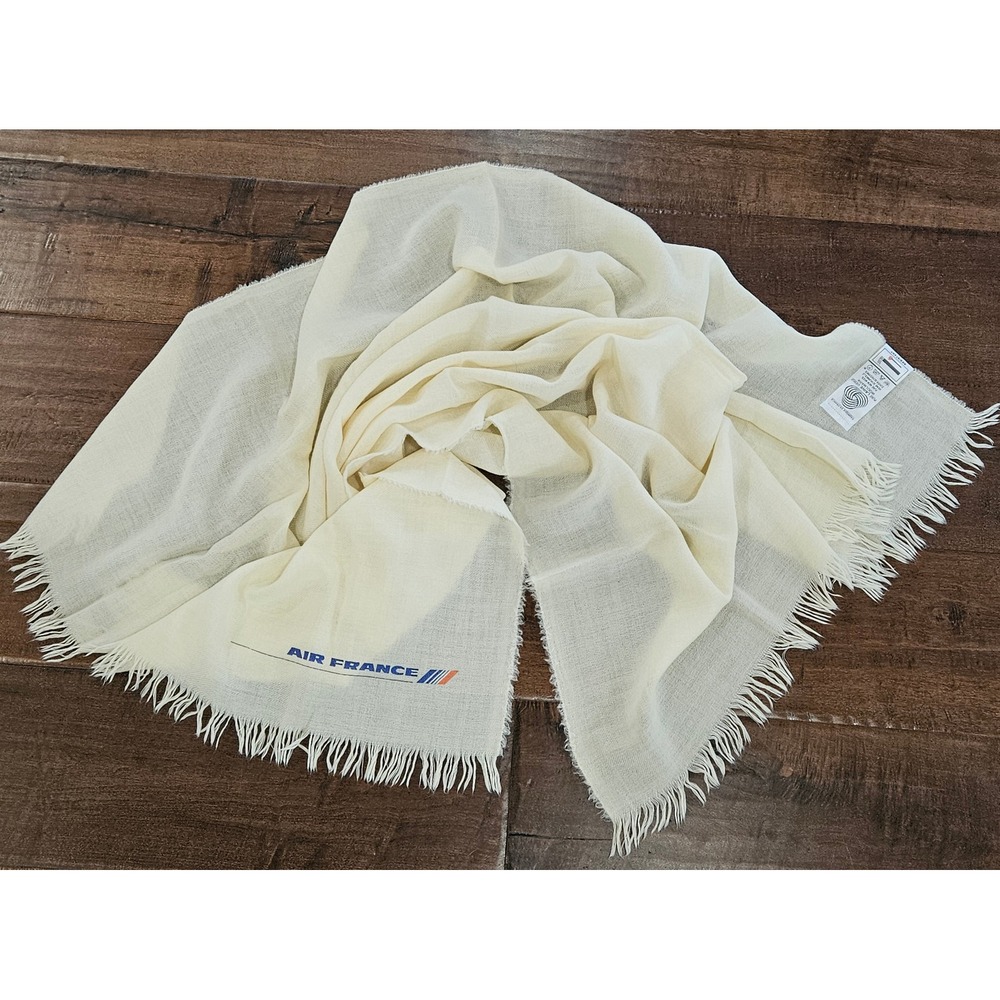 RARE Air France VTG 70s Wool Blanket Scarf Achille Bayart France Fringed Wrap